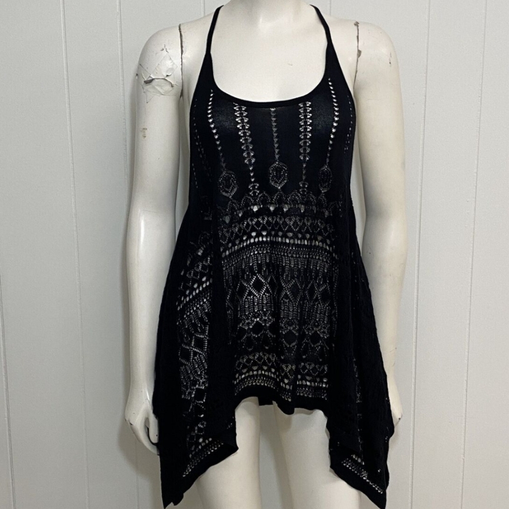 PERUVIAN CONNECTION oversize crochet tank M/L black knit draped racerback top